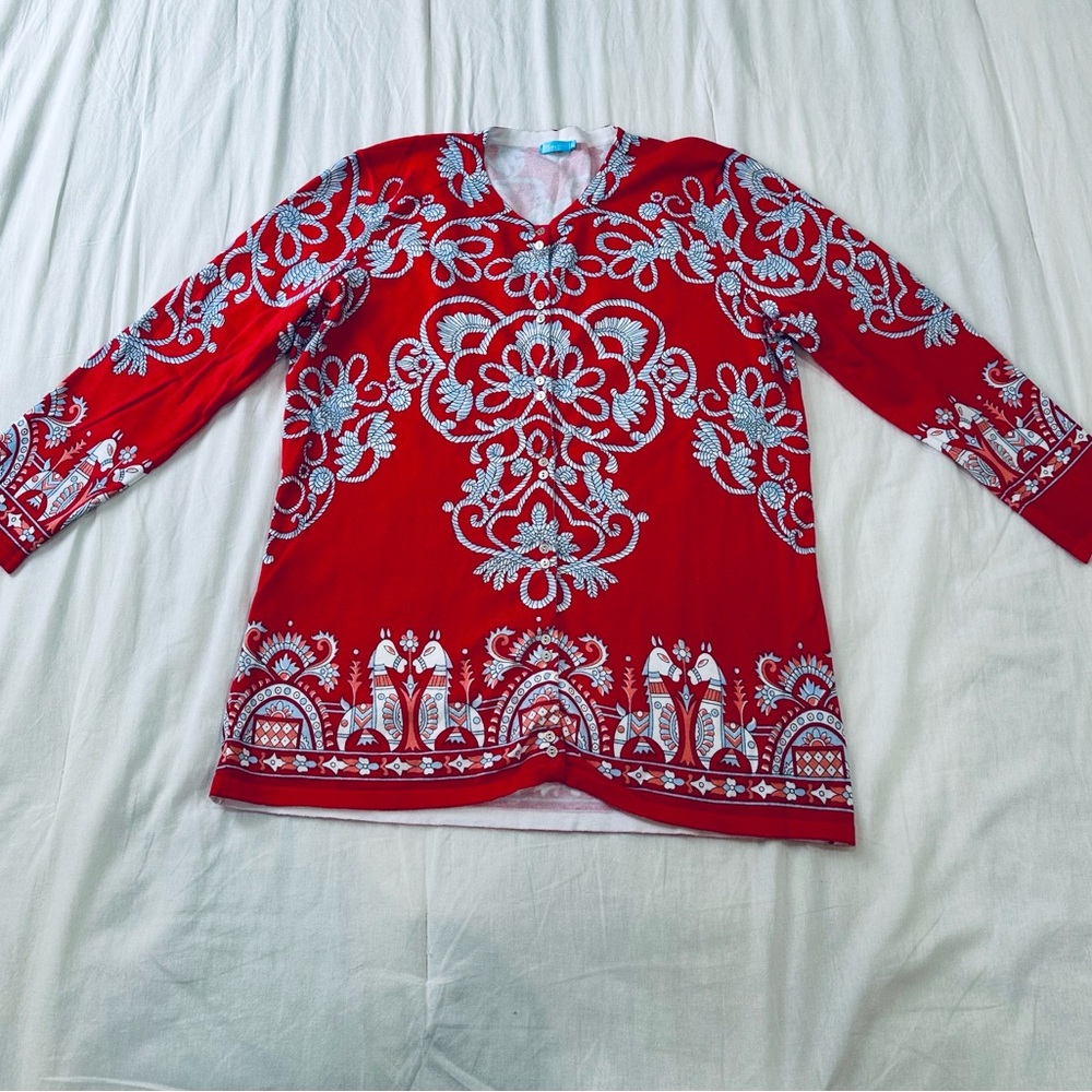 J. McLaughlin Red and White with Blue Detail Rope Pattern Cardigan